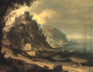 Rocky Mediterranean Coast With The Temple Of The Sibyl At Tivoli by Willem van, the Younger Nieulandt
