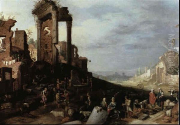Figures And Their Livestock Resting On A Road Before A Water Through Beneath Classical Ruins - view 1