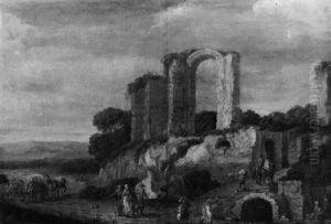 Reisende In Einer Landschaft Mit Antiken Ruinen by Willem van, the Younger Nieulandt