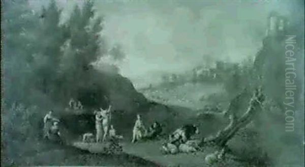 A Classical Italianate Landscape With Women Bathing In The  Foreground - view 1
