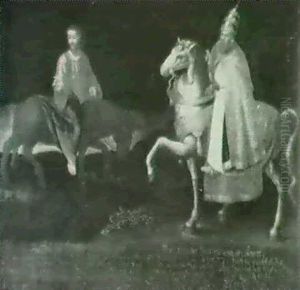 A Protestant Allegory Of A Pope On A Horse And Christ On    A Donkey With Extensive Indis-tinct Inscription In German by Willem van, the Younger Nieulandt