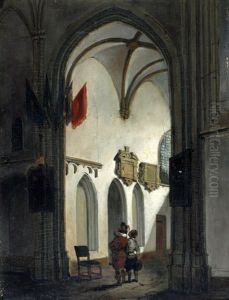 Figuren In Een Kerkinterieur by Adrianus Wilhelmus Nieuwenhuyzen