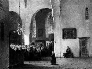 People Attending Mass In A Church Interior by Adrianus Wilhelmus Nieuwenhuyzen