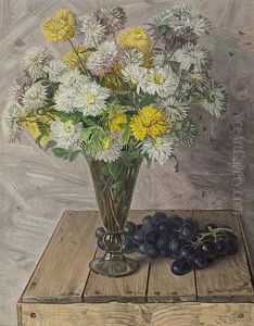 Still Life With Chrysanthemum In Glass Vase And Grapes On A Wooden Box by Jakob Nieweg
