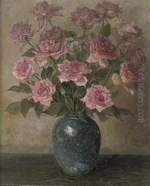 Pink Roses In Blue Vase - view 1