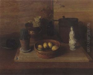 A Still Life With Oriental Sculpture, Lemons In A Bowl, A Cactus And A Teddy Bear