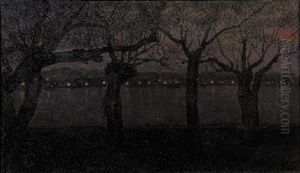 Willows Along A Lake, A City In The Distance by Jakob Nieweg