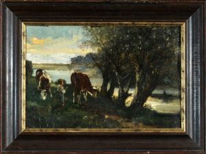 Hirtenjunge Mit Zwei Kuhen Am Flussufer by Charles Frederic Nifenecker