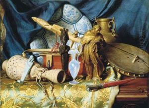 Roses, A Fan, A Chinese Porcelain Doll And A Mirror On A Marble Ledge (+ Still Life; Pair) by Hermann Nigg
