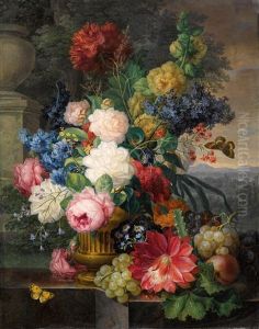 Stillleben Mit Schmetterlingen, Blumen Und Fruchten Vor Landschaftshintergrund