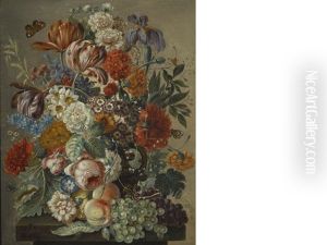 A Floral Still Life With Peaches And Grapes