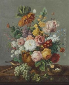 Still Life Of Flowers In A Vase With A Bird And Nest On A Ledge