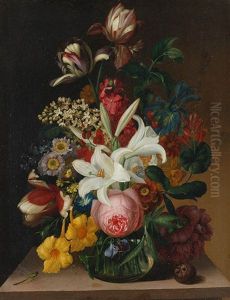 Blumenstillleben In Glasvase Mit Libelle by Joseph Nigg