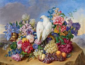Groses, Dekoratives Blumen-fruchtestilleben Mit Einer Weisen Taube
