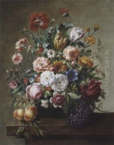 Groses Blumenstuck Mit Rosen, Tulpen, Klatschmohn, Nelken, Pfingstrosen, Pfirsichen Und Weintrauben by Joseph Nigg