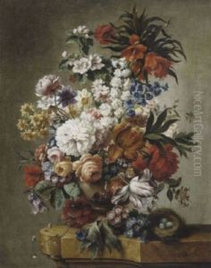 Groses Blumenstuck Mit Kaiserkrone, Tulpen, Rosen, Narzissen, Primeln, Glockenblumen Und Vogelnest