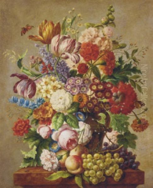 Assorted Summer Flowers In A Vase On A Stone Ledge - view 1