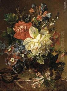 Flowers In A Vase, A Snail, And A Nut, On A Stone Ledge