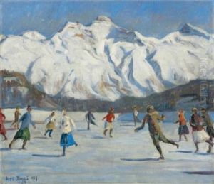 Schlittschuhlaufer Vor Gebirgslandschaft (ice Skaters In Front Of Mountain Landscape) by Gret Niggli