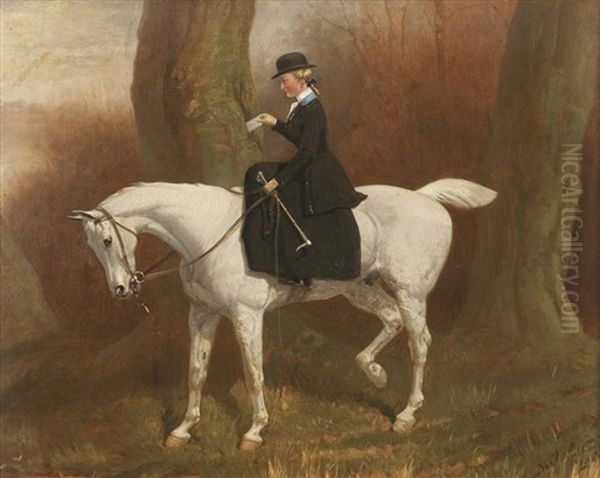 White Mare With A Lady Riding Sidesaddle, Hiding A Love Letter In A Tree - view 1
