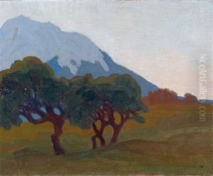 Landschaft Mit Baumen Im Hintergrund Ein Blauer Berg by Artur Nikodem