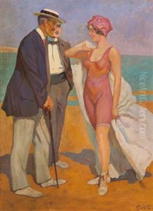 Junge Dame Im Gesprach Mit Zwei Herren by Peter Alexanrovitch (Pierre) Nilouss