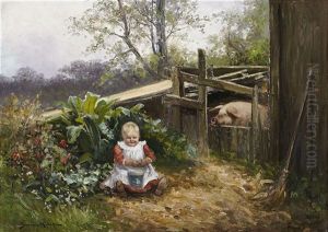 Gardsexterior Med Flicka Och Sugga by Johan Severin Nilsson