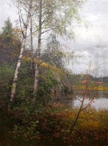 Insjolandskap Med Bjorkar by Johan Severin Nilsson