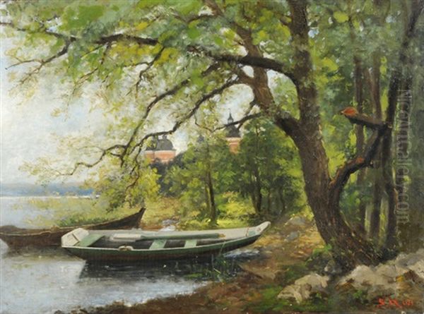 Ruderboote Am Ufer Mit Waldweg - view 1