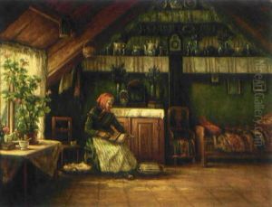 Allmogeinterior Med Kardande Kvinna by Johan Severin Nilsson