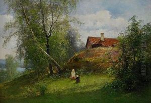 Svenskt Sommarlandskap Med Tva Smaflickor by Johan Severin Nilsson