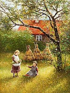 Blomsterplockande Barn Vid Bikupor Blomsterplockande Barn Vid Bikupor