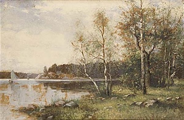Sommarlandskap Med Segelbat Och Angbat - view 1