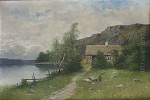 Sommarlandskap Med Stuga Vid Sjo by Johan Severin Nilsson