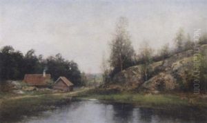Varlandskap Med Roda Stugor Vid Insjo by Johan Severin Nilsson
