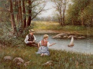 Sommarlandskap Med Lekande Barn Vid Vatten by Johan Severin Nilsson