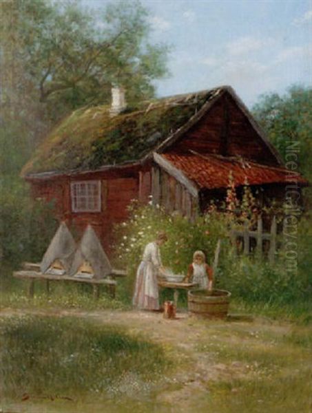 Sommarmotiv Med Mor Och Barn Farmfor Torpstuga - view 1