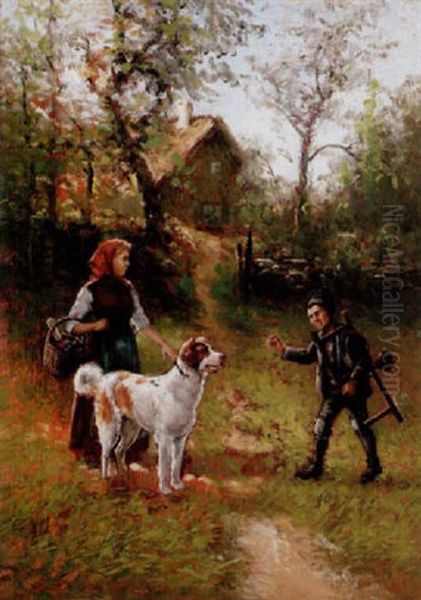 Flicka Med Hund Samt Sotargosse Vid Stuga - view 1