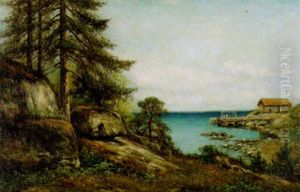 Strandlandskap Med Brygga Och Sjobod, Sommarmotiv Fran Halland Strandlandskap Med Brygga Och Sjobod, Sommarmotiv Fran Halland