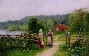 Samtal Vid Grinden - Sommarlandskap Med Tva Kvinnor by Johan Severin Nilsson