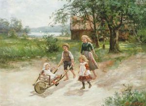 Sommarmotiv Med Lekande Barn, I Fonden Sjo Med Segelbat by Johan Severin Nilsson