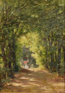 Paesaggio Boschivo Con Signora Con Ombrellino Rosso