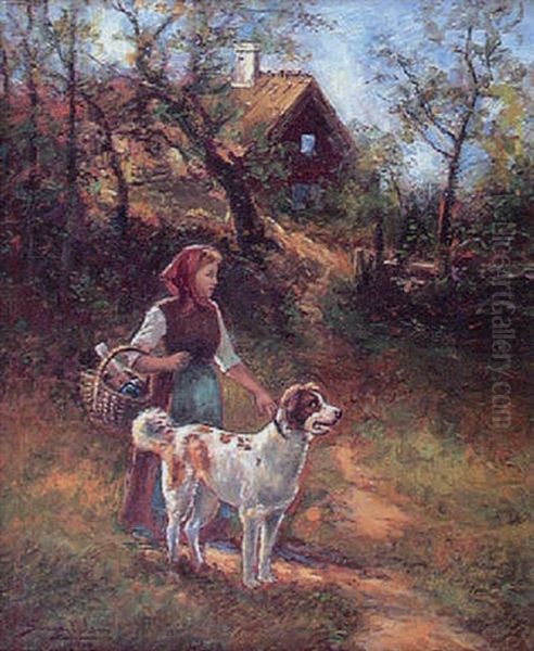 Flicka Med Picknickkorg Och Hund - view 1