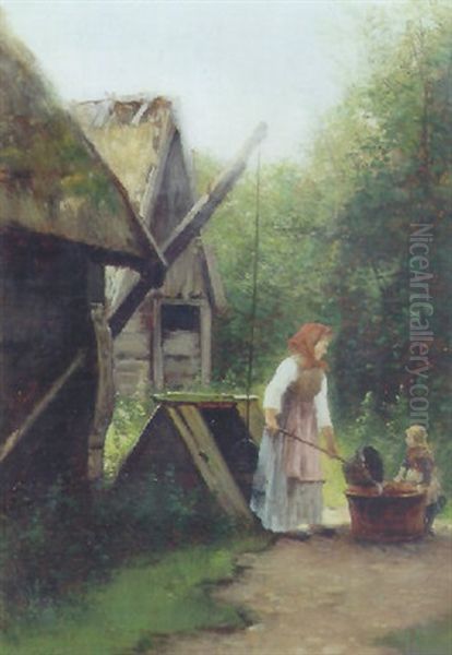 Mor Og Barn Henter Vand Ved Bronden - view 1