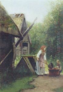 Mor Og Barn Henter Vand Ved Bronden by Johan Severin Nilsson