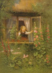 Flicka Vid Blommande Stockrosor Flicka Vid Blommande Stockrosor