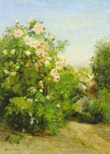 Lasande Kvinna Vid Rosor