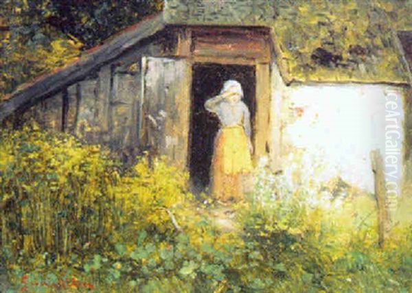 Kvinna Vid Backstuga, I Forgrunden Blommande Blomsterang - view 1