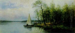Man I Segelbat Vid Strandkant Man I Segelbat Vid Strandkant
