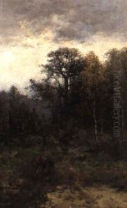 Skogslandskap Med Barplockande Kvinna by Johan Severin Nilsson
